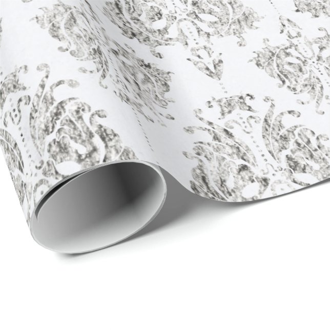 Papel De Regalo Damasco de plata y blanco (Esquina del rollo)