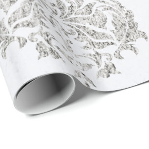 Papel De Regalo Damasco de plata y blanco