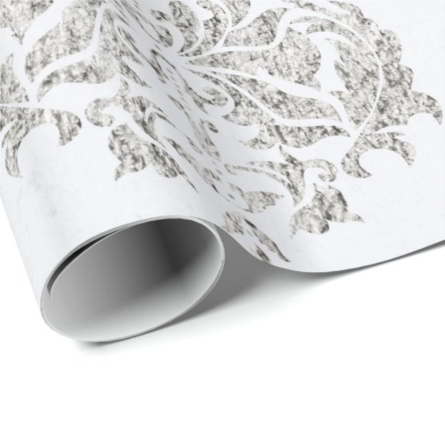 Papel De Regalo Damasco De Plata Y Blanco (Esquina del rollo)
