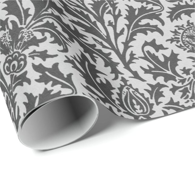 Papel De Regalo Damasco del cardo de William Morris, gris (Esquina del rollo)