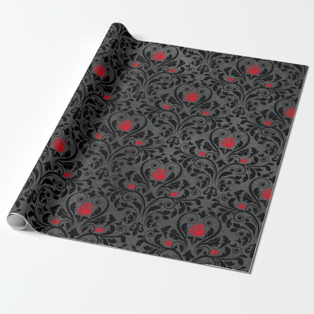 Papel De Regalo Damasco del rosa rojo y del negro (Desenrollado)