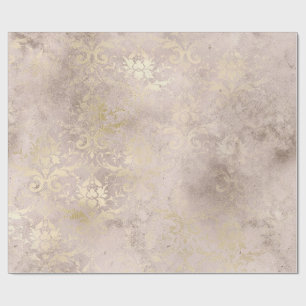 Papel De Regalo Damasco Distorsionado Marfil y Dorado Grunge