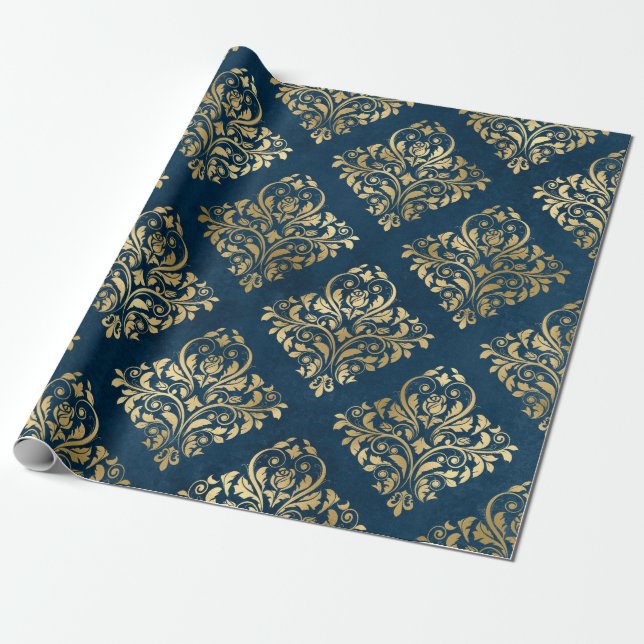 Papel De Regalo Damasco dorado sobre azul (Desenrollado)