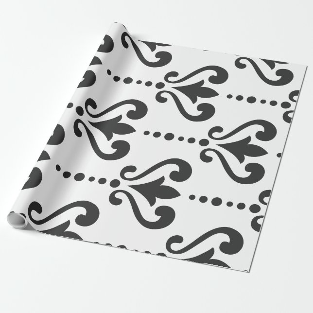 Papel De Regalo Damasco elegante blanco y negro (Desenrollado)