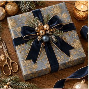 Papel De Regalo Damasco Falso de Terciopelo Azul y Dorado para las