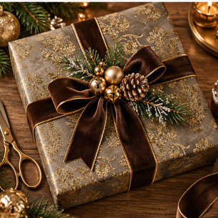 Papel De Regalo Damasco falso terciopelo marrón dorado y bronce Na