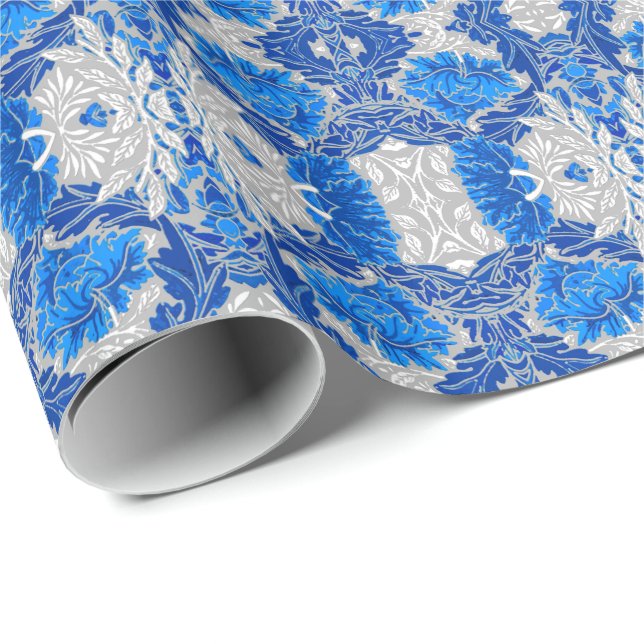 Papel De Regalo Damasco floral, azul zafiro y gris (Esquina del rollo)