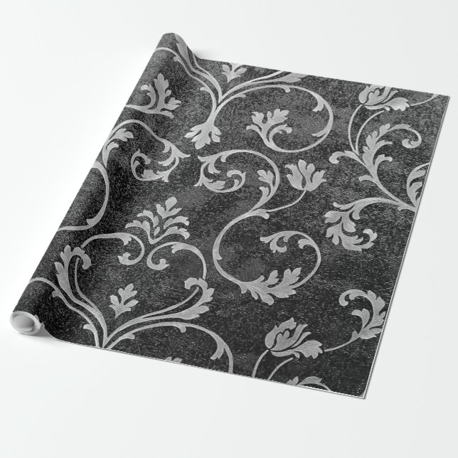 Papel De Regalo Damasco floral blanco y negro elegante de Moda (Desenrollado)