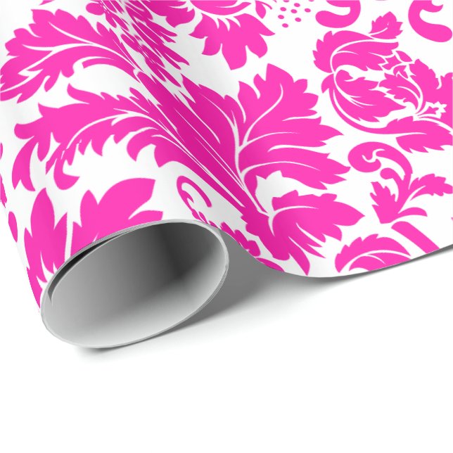 Papel De Regalo Damasco floral rosado caliente (Esquina del rollo)