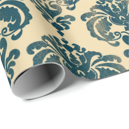 Papel De Regalo Damasco Glam Moderno Rústico Azul Vintage y Oro
