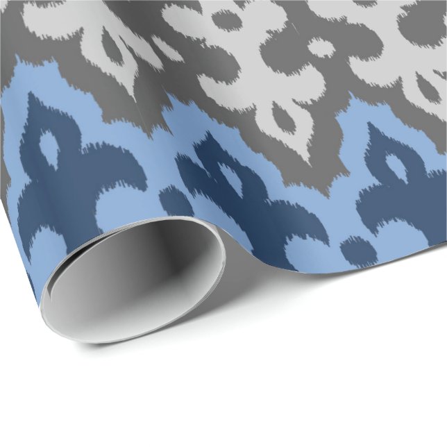 Papel De Regalo Damasco marroquí de ikat, azul y gris / gris (Esquina del rollo)