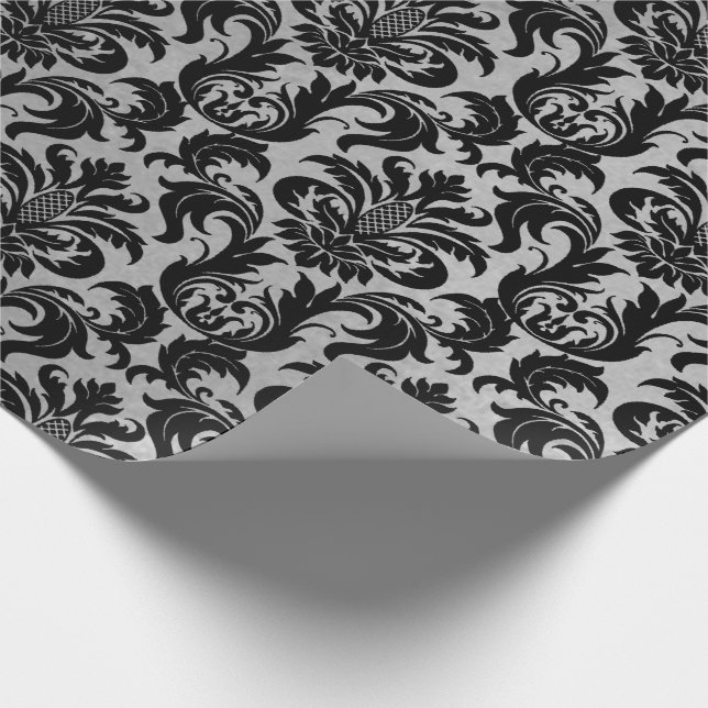 Papel De Regalo Damasco metálico de cristal de plata gris negro (Esquina)