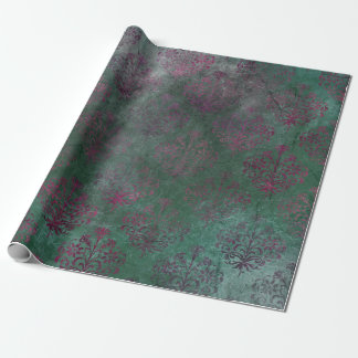 Papel De Regalo Damasco púrpura en fondo verde desvanecido