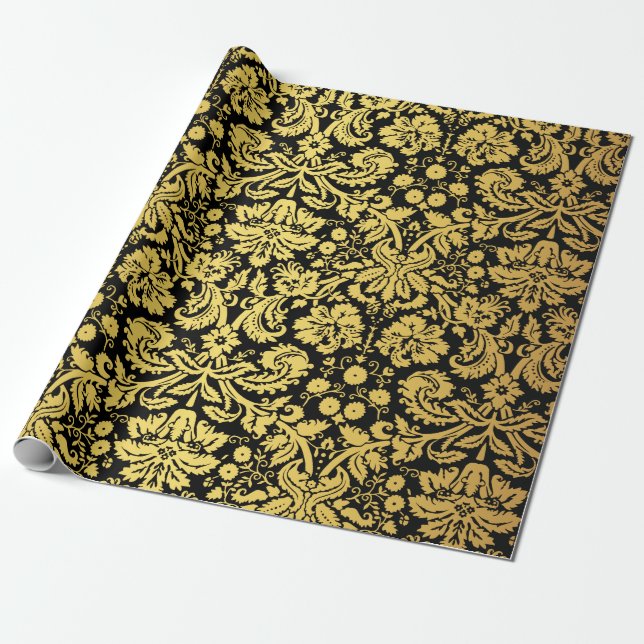 Papel De Regalo Damasco real clásico elegante del negro y del oro (Desenrollado)