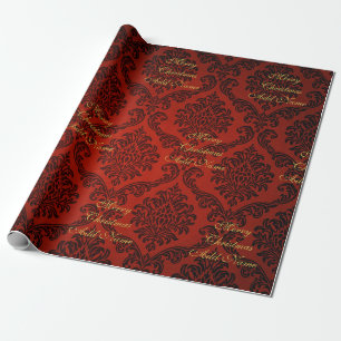 Papel De Regalo Damasco Rojo con Feliz Navidad en letra dorada