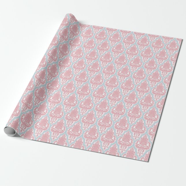 Papel De Regalo Damasco rosado y azul elegante lamentable (Desenrollado)