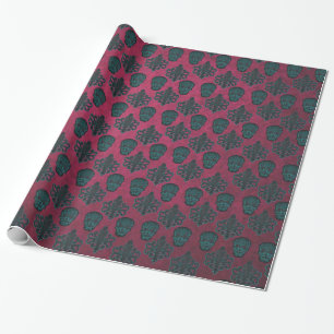 Papel De Regalo Damasco verde azulado Y Calaveras En Tejido Rosa C