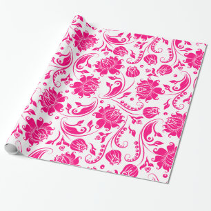 Papel De Regalo Damascos Florales Blancos Y De Color Rosa Caliente