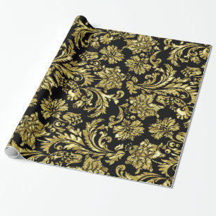 Papel De Regalo Damascos florales en negro y oro