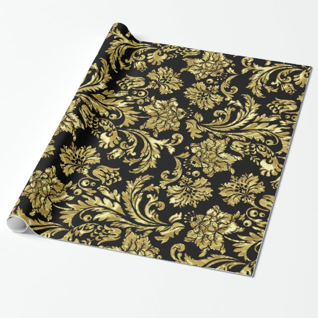Papel De Regalo Damascos florales en negro y oro (Desenrollado)