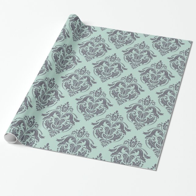 Papel De Regalo Damascos florales grises y verdes claros (Desenrollado)