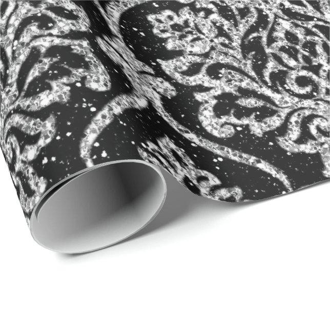 Papel De Regalo Damask Black Royal Gray Silver Purpurina (Esquina del rollo)