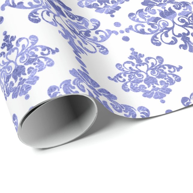 Papel De Regalo Damask Blue Cobalt Indigo White Royal Floral (Esquina del rollo)