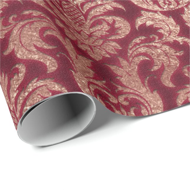 Papel De Regalo Damask Burgundy Rosa oro Purpurina real Borgoña (Esquina del rollo)