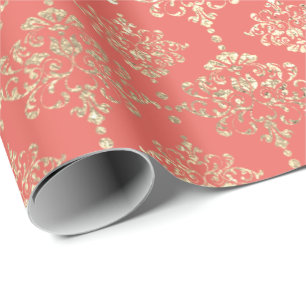 Papel De Regalo Damask Champagne Coral Royal Metallic Faux Gold