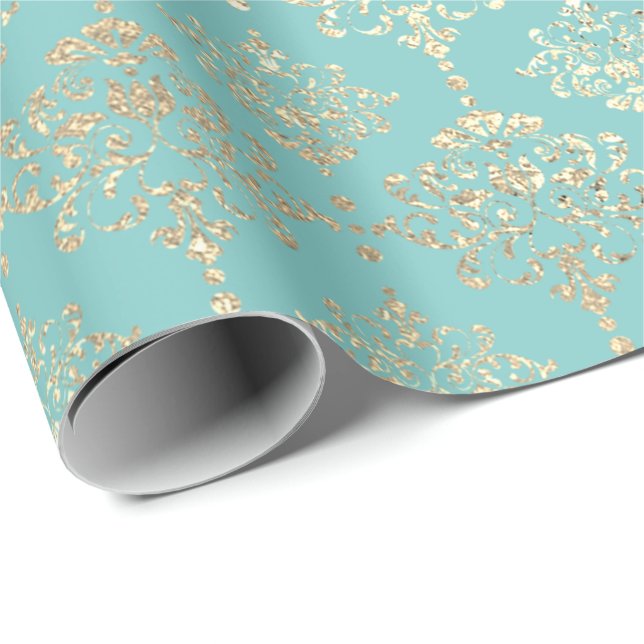Papel De Regalo Damask Champagne Gold Royal Metalla Aqua (Esquina del rollo)