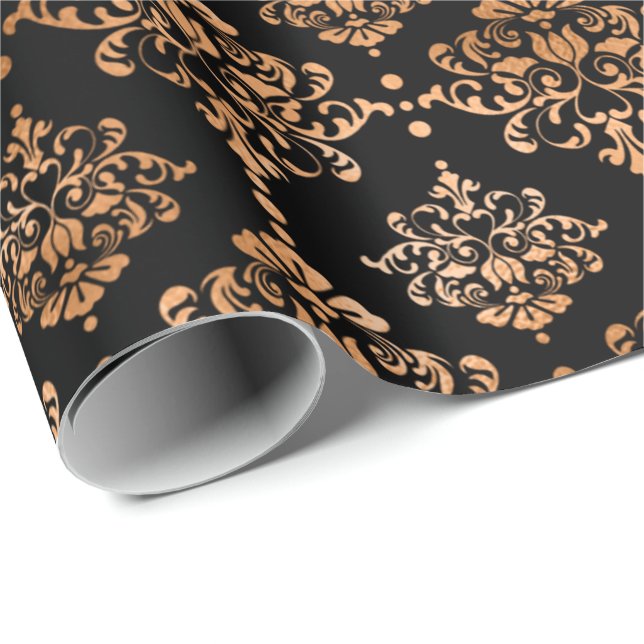 Papel De Regalo Damask Coral Naranja Black Metallic Royal Floral (Esquina del rollo)