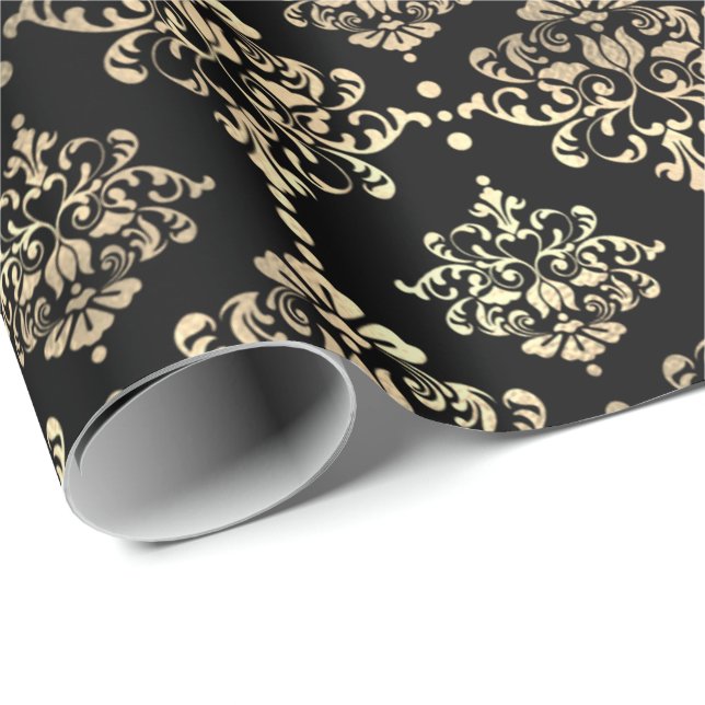 Papel De Regalo Damask Faux Champaigne Black Metallic Royal Floral (Esquina del rollo)