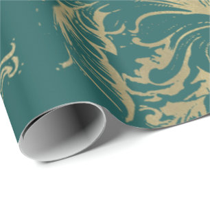 Papel De Regalo Damask Faux Gold Royal Metallage Verde azulada Cot