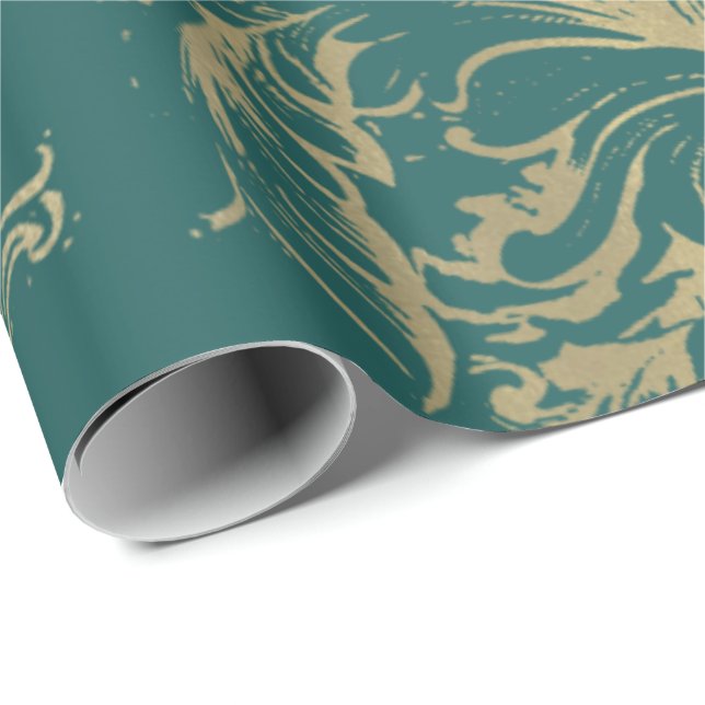 Papel De Regalo Damask Faux Gold Royal Metallage Verde azulada Cot (Esquina del rollo)