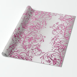 Papel De Regalo Damask Fuchsia Purpurina Gris Metálico Rosa