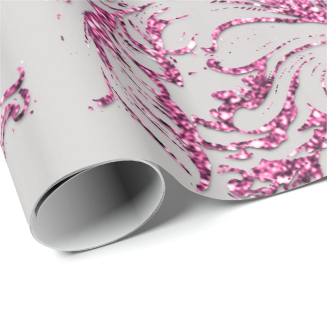 Papel De Regalo Damask Fuchsia Purpurina Gris Metálico Rosa (Esquina del rollo)