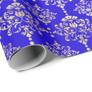 Papel De Regalo Damask Gold Faux Royal Metallallic Cobalto Azul