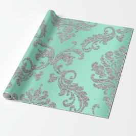Papel De Regalo Damask Mint Green Royal Metallic Silver Purpurina