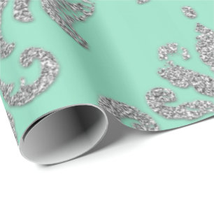 Papel De Regalo Damask Mint Green Royal Metallic Silver Purpurina