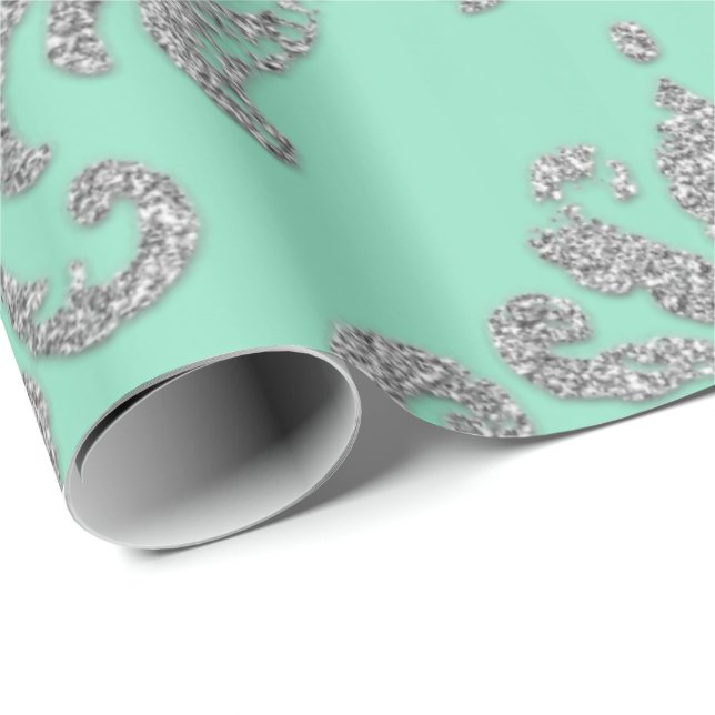 Papel De Regalo Damask Mint Green Royal Metallic Silver Purpurina (Esquina del rollo)