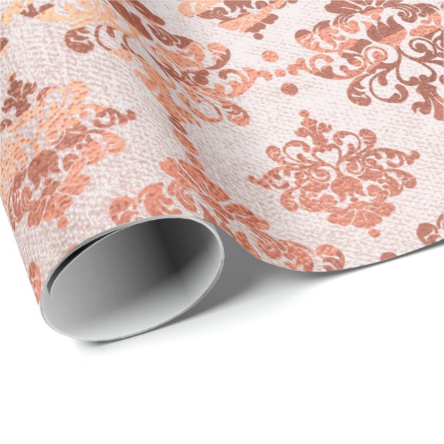 Papel De Regalo Damask Pink Copper Black Metallic Royal Floral (Esquina del rollo)