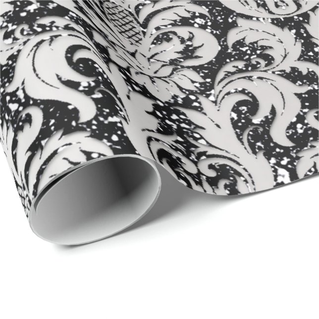 Papel De Regalo Damask Purpurina Silver Gray Black Royal Metallic (Esquina del rollo)