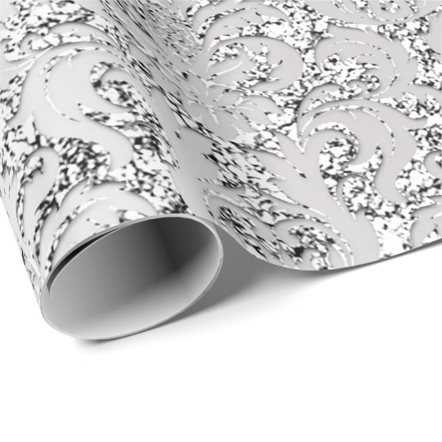 Papel De Regalo Damask Purpurina Silver Gray Royal Metallal Bridal (Esquina del rollo)