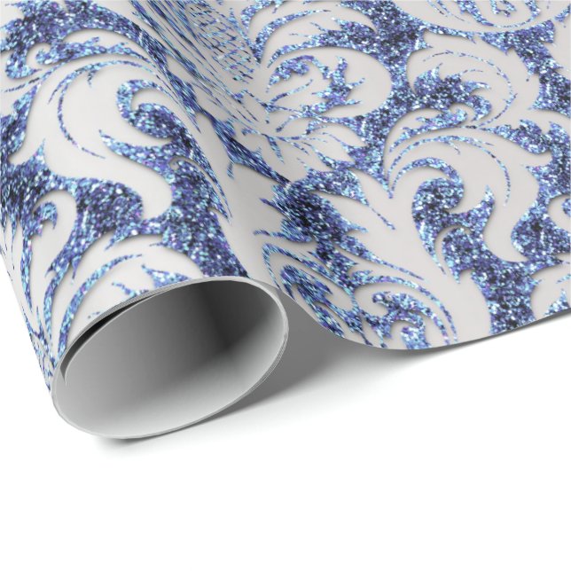 Papel De Regalo Damask Purpurina Silver Gray Royal Sapphire Blue (Esquina del rollo)
