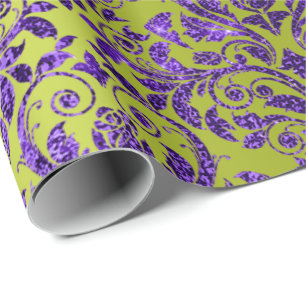 Papel De Regalo Damask Royal Purple Amethyet Violet Lime Green