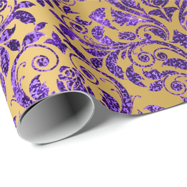 Papel De Regalo Damask Royal Purple Amethyst Violet Gold Honey (Esquina del rollo)