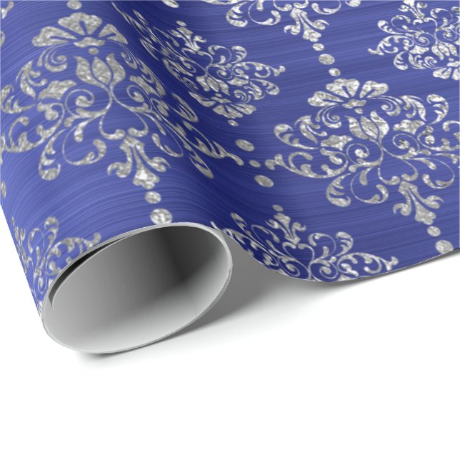 Papel De Regalo Damask Silver Cobalto Azul Ornamento Real Francia (Esquina del rollo)