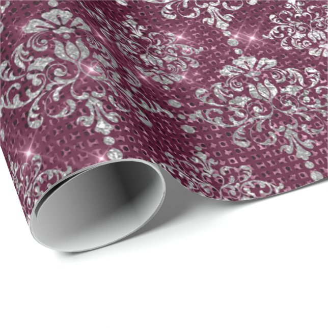 Papel De Regalo Damask Silver Gray Royal Burgundy Beet Sparkly (Esquina del rollo)