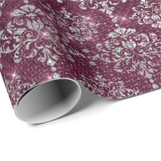 Papel De Regalo Damask Silver Royal Gray Beet Burgundy (Esquina del rollo)