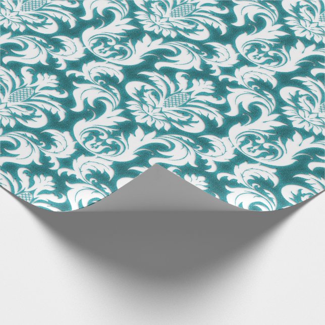 Papel De Regalo Damask Verde azulado azul turquesa océano océano t (Esquina)